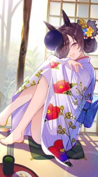Rule 34 | 1girl, absurdres, alternate costume, alternate hairstyle, animal ears, architecture, barefoot, blue flower, blush, brown hair, east asian architecture, floral print, floral print kimono, flower, green tea, hair bun, hair flower, hair ornament, hair over one eye, highres, horse ears, horse girl, hugging own legs, indoors, japanese clothes, kimono, looking at viewer, open mouth, print kimono, purple eyes, purple kimono, rice shower (umamusume), solo, tea, tree, umamusume, yellow flower, yomean!