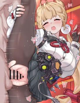 1boy 1girl :o absurdres alice_thymefield animal_ears bar_censor black_skirt blonde_hair blush breasts censored daram_(shappydude) fingerless_gloves gloves hair_ornament hand_on_own_leg heart hetero highres indoors large_breasts large_variant_set long_hair open_mouth orange_eyes pantyhose penis pleated_skirt sex shirt skirt sphere_hair_ornament split spoken_heart standing standing_on_one_leg standing_sex standing_split sweat teeth torn_clothes torn_pantyhose upper_teeth_only vaginal variant_set white_shirt zenless_zone_zero