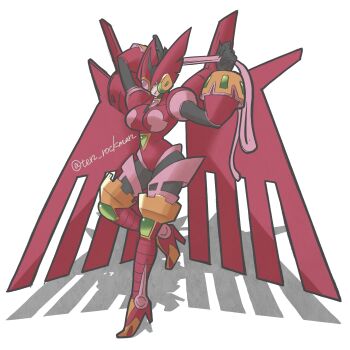 1girl 2025 :d absurdres android arm_behind_head armor armored_boots ass black_bodysuit black_gloves bodysuit boots breasts capcom closed_mouth commentary female_focus ferham_(mega_man) forehead_jewel gloves green_eyes hand_on_own_chest helmet highres holding holding_whip large_breasts long_hair mechanical_wings mega_man_(series) mega_man_x:_command_mission mega_man_x_(series) multicolored_hair open_mouth pink_armor pink_boots pink_hair pink_helmet red_hair red_lips shadow simple_background smile solo standing standing_on_one_leg ten_(ten_rockman) thick_thighs thighs white_background winged_helmet wings