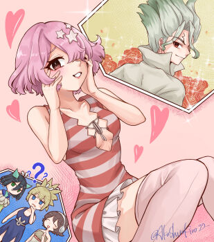 1boy 4girls ? ?? akashiro_kiro22 blonde_hair blue_dress blue_eyes breasts brown_hair dr._stone dress green_eyes green_hair grey_hair hair_ornament hair_over_one_eye hands_on_own_face headphones heart highres ishigami_senkuu kirisame_(dr._stone) kohaku_(dr._stone) looking_at_viewer luna_wright multicolored_hair multiple_girls ogawa_yuzuriha pink_hair red_eyes short_hair smile spiked_hair star_(symbol) star_hair_ornament striped_clothes striped_dress thighhighs