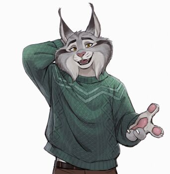 1boy animal_ears arm_behind_head brown_pants cat_boy cat_ears claws commentary english_commentary fangs furry furry_male green_sweater highres looking_at_viewer male_focus pants pawbert_lynxley pawpads rossciaco smile sweater whiskers white_background zootopia