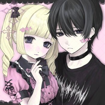 1boy 1girl :< aegyo_sal black_bow black_collar black_eyes black_hair black_nails black_shirt blonde_hair blush bow center_frills collar commission couple cross-laced_clothes cross-laced_sleeves earrings frills hair_between_eyes hair_bow hand_up hashtag-only_commentary hetero highres jewelry jirai_kei looking_at_viewer motsu_(timotimo451) nail_art original parted_bangs pink_bow pink_shirt print_shirt puffy_short_sleeves puffy_sleeves shirt short_sleeves sidelocks skeb_commission small_hands twintails upper_body watermark watermark_grid