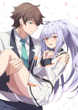 1boy 1girl aqua_necktie brown_hair carrying closed_mouth commentary_request detached_sleeves green_eyes grey_jacket hetero highres isla_(plastic_memories) jacket long_hair mizugaki_tsukasa necktie open_mouth orange_eyes plastic_memories ponytail princess_carry purple_hair rasahan shirt short_hair skirt smile white_background white_shirt white_skirt white_sleeves