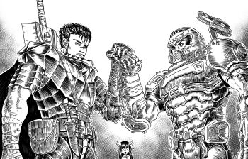 2boys armor berserk black_hair cacodemon character_request clenched_hand crossover cyclops dagger doom_(series) doomguy eye_contact fist_bump greyscale gun guts_(berserk) helmet highres horns knife looking_at_another missing_eye monochrome multiple_boys muscular muscular_male one-eyed pouch power_armor sheath sheathed standing substance20 sword weapon