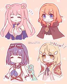 Rule 34 | 4girls, absurdres, black bow, black shirt, blonde hair, blue eyes, blue neckerchief, blue ribbon, blue shirt, blue sleeves, blush stickers, bob cut, bow, breasts, brooch, brown cloak, clear (princess connect!), cloak, closed eyes, closed mouth, commentary request, cropped torso, crown ornament, deformed, detached sleeves, double-parted bangs, elbow gloves, english text, facing viewer, framed breasts, gloves, hair bow, hair ornament, hair over shoulder, hair rings, hairclip, hatsune (princess connect!), highres, hood, hood down, hooded cloak, jewelry, long hair, looking at viewer, low side ponytail, medium hair, misora (princess connect!), muimi (princess connect!), multiple girls, neck ribbon, neckerchief, open mouth, orange hair, outline, pendant, pink hair, pointy ears, princess connect!, purple hair, ribbon, runa (runa7733), shirt, sidelocks, sleeping, sleeveless, sleeveless shirt, smile, star (symbol), star brooch, star hair ornament, striped bow, stuffed toy, torn clothes, torn shirt, twitter username, v-shaped eyebrows, white cloak, white gloves, white outline, white shirt, wing hair ornament, yellow eyes, zzz