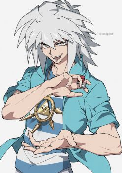 1boy blue_jacket brown_eyes dice grey_background grey_hair holding holding_dice jacket looking_ahead lunapont male_focus millennium_ring open_mouth shirt simple_background striped_background striped_clothes striped_shirt teeth twitter_username upper_body yami_bakura yu-gi-oh! yu-gi-oh!_duel_monsters