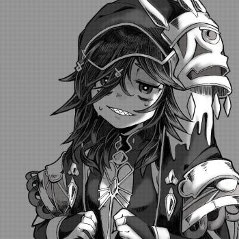 1girl bags_under_eyes bridal_gauntlets fingernails granblue_fantasy greyscale hair_between_eyes highres hood hood_up hooded_robe lich_(granblue_fantasy) long_hair looking_at_viewer monochrome robe sharp_fingernails sharp_teeth smile solo teeth upper_body yucopi