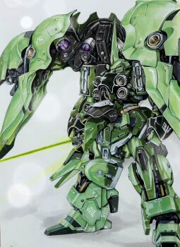 gundam gundam_unicorn holding holding_weapon katsu_(24791909) kshatriya machinery marker_(medium) mecha mecha_focus no_humans robot science_fiction sensor simple_background solo traditional_media weapon