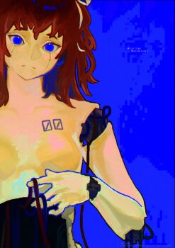 1girl a.i._voice adachi_rei alternate_eye_color android blue_background blue_eyes breasts cable chest_tattoo closed_mouth commentary english_text frown hair_ribbon hand_up head_tilt highres hole_in_stomach joints lily_(superkiiisa) long_hair looking_at_viewer no_nipples no_pupils nude number_tattoo one_side_up python_(programming_language) queen_of_venus_(utau) red_hair ribbon robot_joints simple_background small_breasts solo symbol-only_commentary tattoo upper_body utau white_ribbon