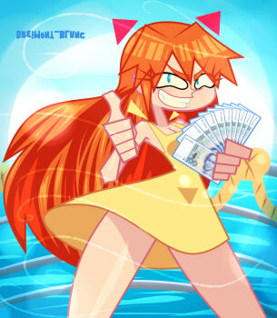 1girl absurdres bare_legs bare_shoulders blue_background blue_eyes breasts dreimont_blanc dress fang floating_hair gangster_spongebob_(meme) german grin highres holding holding_money long_hair looking_at_viewer meme money naughty_face neon_genesis_evangelion off_shoulder orange_hair outdoors shiny_skin sky smile solo souryuu_asuka_langley toon_(style) very_long_hair water wide_hips yellow_dress