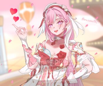 1girl absurdres blurry blurry_background blush braid braided_bangs breasts cleavage collarbone commentary_request diamond-shaped_pupils diamond_(shape) earrings elysia_(hi_love_elf)_(honkai_impact) elysia_(honkai_impact) erasumo3821 hand_on_own_hip hand_up hat heart heart_earrings highres honkai_(series) honkai_impact_3rd jewelry medium_breasts multicolored_hair open_mouth outdoors pink_eyes pink_hair pink_petals pink_sky pointy_ears single_bare_shoulder sky smile solo streaked_hair symbol-shaped_pupils watermark white_hat