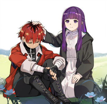 1boy 1girl bandaged_arm bandages black_hair blunt_bangs boots closed_eyes commentary fern_(sousou_no_frieren) fingerless_gloves fingernails flower gloves headpat jacket long_hair long_sleeves multicolored_hair nyoro_(nyoronyoro000) outdoors purple_eyes purple_hair red_hair scar scar_on_face sitting smile sousou_no_frieren stark_(sousou_no_frieren) two-tone_hair