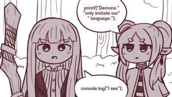 Rule 34 | 2girls, :d, :o, blunt bangs, c++ (programming language), capelet, coat, commentary, def fault, dress, earrings, english commentary, english text, fern (sousou no frieren), forest, frieren, holding, holding staff, javascript, jewelry, long hair, mage staff, monochrome, multiple girls, nature, open clothes, open coat, open mouth, outdoors, parted bangs, pointy ears, shirt, smile, sousou no frieren, speech bubble, staff, standing, striped clothes, striped shirt, teardrop earrings, tree, twintails