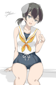1girl artist_name black_hair black_one-piece_swimsuit breasts cowboy_shot dated gakky highres i-41_(kancolle) kantai_collection looking_at_viewer low_ponytail neckerchief one-hour_drawing_challenge one-piece_swimsuit open_mouth orange_neckerchief ponytail sailor_collar sailor_shirt school_swimsuit shirt sitting sleeveless sleeveless_shirt small_breasts solo swimsuit swimsuit_under_clothes white_sailor_collar