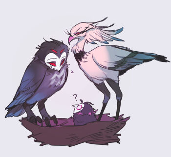 animalization bird colored_sclera extra_eyes family hellaverse helluva_boss nest octavia_(helluva_boss) pink_sclera red_eyes stella_(helluva_boss) stolas_(helluva_boss) white_eyes wraith615