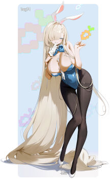 1girl absurdres animal_ears asuna_(blue_archive) asuna_(bunny)_(blue_archive) black_pantyhose blonde_hair blue_archive blue_background blue_bow blue_bowtie blue_eyes blue_leotard bow bowtie breasts carrot carrot_background cleavage collar fake_animal_ears gloves hair_over_breasts hair_over_one_eye helic_(7317helic) high_heels highres large_breasts leotard long_hair nail_polish no_halo object_in_clothes official_alternate_costume pantyhose playboy_bunny rabbit_ears removing_glove smile solo thighband_pantyhose very_long_hair white_collar white_gloves