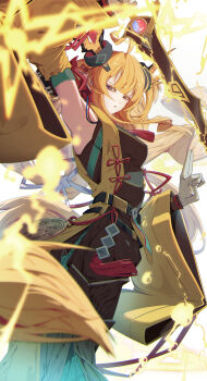 1girl absurdres arknights armpits black_dress blonde_hair blunt_bangs breasts dress gloves highres holding holding_sword holding_weapon horns kimo_suna leizi_(arknights) long_dress long_hair looking_at_viewer medium_breasts pointy_ears purple_eyes solo sword very_long_hair weapon white_background white_gloves