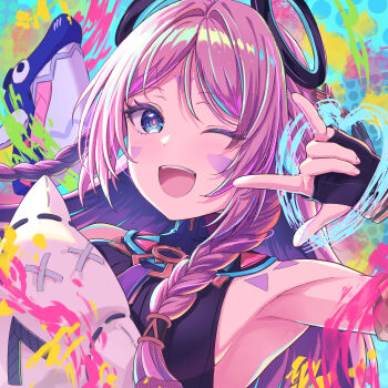 1girl \m/ absurdres arm_up armpits black_gloves blue_eyes braid breasts citlali_(genshin_impact) citlalin_(genshin_impact) commentary_request facial_tattoo genshin_impact gloves highres itzpapa_(genshin_impact) looking_at_viewer medium_breasts one_eye_closed open_mouth partially_fingerless_gloves ring_hair_ornament shirt sleeveless sleeveless_shirt smile solo taiyaki_yaita tattoo twin_braids