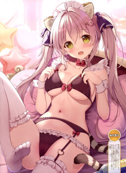 1girl absurdres animal_ears artist_name balloon black_bra black_garter_belt black_panties blush bow bowtie bra breasts cat_ears cat_girl cat_tail cleavage collar collarbone dengeki_moeoh fangs feet foot_out_of_frame frilled_panties frilled_thighhighs frills garter_belt hair_between_eyes hair_ornament hair_ribbon hairclip heart_balloon highres knee_up lace lace-trimmed_bra lace_trim lingerie long_hair looking_at_viewer magazine_scan maid_headdress medium_breasts mikeou open_mouth original panties paw_hair_ornament pink_hair purple_ribbon raised_eyebrows reclining red_bow red_bowtie ribbon scan sidelocks sitting solo star_balloon striped_tail tail thighhighs third-party_source toe_seam translation_request twintails underwear white_thighhighs white_wrist_cuffs wrist_cuffs yellow_eyes