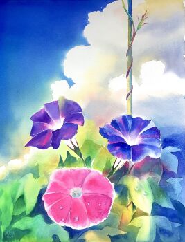 absurdres blue_eyes blue_sky cloud cloudy_sky colorful commentary_request dated day dew_drop didi_daisukedoi flower flower_focus highres morning_glory no_humans original outdoors painting_(medium) pink_flower plant purple_flower scenery signature sky traditional_media water_drop watercolor_(medium)