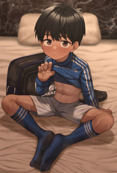 1boy absurdres bag bare_stomach black_hair blue_socks blush brown_eyes butterfly_sitting child closed_mouth clothes_lift dirty dirty_clothes dirty_socks elementary_school_age feet_together gym_shirt gym_shorts highres imminent_undressing kai knees_apart_feet_together ko_moreb lifting_own_clothes long_sleeves looking_at_viewer male_focus midriff n.e.k.o n.e.k.o_(the_four_seasons_of_farewells) navel on_bed original paid_reward_available pillow shirt shirt_lift short_hair shorts sitting soccer_uniform socks solo sportswear stomach sweat tan toned toned_male white_shorts yoichi_yukimura