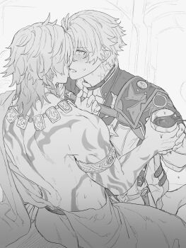 2boys antenna_hair armlet black_choker black_shirt blush braid choker coat commentary_request cup greyscale highres holding holding_cup honkai:_star_rail honkai_(series) imminent_kiss jewelry male_focus medium_hair monochrome multiple_boys mydei_(honkai:_star_rail) neck_tattoo necklace open_clothes open_robe phainon_(honkai:_star_rail) ramuniku_ooo robe shirt short_hair side_braid sun_symbol sun_tattoo tan tattoo white_coat yaoi