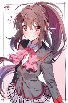Rule 34 | 1girl, absurdres, arms at sides, bell, black jacket, blush, bow, brown hair, closed mouth, eyes visible through hair, floating hair, ga-006, grey skirt, hair bell, hair between eyes, hair ornament, hair ribbon, highres, jacket, jingle bell, little busters!, little busters! school uniform, long hair, long sleeves, looking at viewer, natsume rin, notice lines, pink bow, plaid clothes, plaid skirt, ponytail, red eyes, ribbon, school uniform, shirt, sidelocks, simple background, skirt, smile, solo, upper body, upturned eyes, very long hair, white background, white ribbon, white shirt