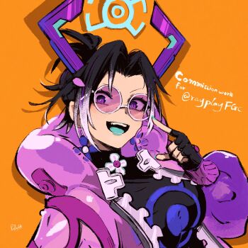 1girl :d absurdres black_gloves black_hair black_shirt blue_nails blue_tongue colored_tongue commentary commission english_commentary english_text fingerless_gloves galacta galacta_(rivals'_day_2025) gloves grey_hair hair_intakes highres jacket long_sleeves looking_at_viewer marvel marvel_rivals multicolored_hair official_alternate_costume open_clothes open_jacket open_mouth orange_background pink-tinted_eyewear pink_jacket purple_eyes rnna shirt short_hair smile solo teeth tinted_eyewear two-tone_hair upper_body upper_teeth_only