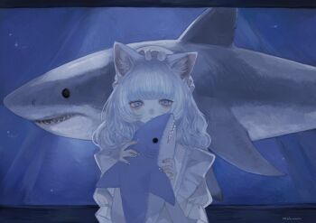 1girl animal_ear_fluff animal_ears aquarium blue_eyes blue_nails cat_ears cat_girl closed_mouth commentary_request dress frilled_dress frills hands_up hat long_hair looking_at_viewer m_insomnia23 mob_cap nail_polish original shark short_sleeves signature solo standing stuffed_animal stuffed_shark stuffed_toy upper_body wavy_hair white_dress white_hair white_hat