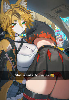 2girls animal_ears ass black_jacket black_skirt black_thighhighs black_tube_top blonde_hair blue_shorts body_fur breasts burnice_white car_interior cat_ears cat_girl cat_tail cleavage crop_top cross-laced_clothes cross-laced_sleeves fur-trimmed_shorts fur_trim furry furry_female furry_with_non-furry green_eyes he_wants_to_order_(meme) highres interspecies jacket kawaii_xgirl large_breasts mcdonald&#039;s median_furrow meme multiple_girls pulchra_fellini shorts shorts_under_skirt skirt spiked_belt spiked_jacket strapless tail thighhighs tube_top twintails yellow_fur zenless_zone_zero