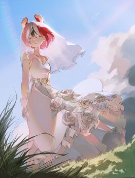 1girl absurdres alternate_costume animal_ears bird black_hair breasts bridal_veil cleavage closed_eyes cloud collarbone commentary dress dress_flower flower gloves grass hakos_baelz highres hololive hololive_english insfidelie light_rays mouse_ears multicolored_hair outdoors red_hair short_hair sky standing sunbeam sunlight veil virtual_youtuber wedding_dress white_dress white_gloves white_hair