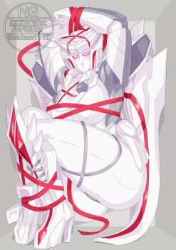 1girl absurdres blush colored_skin giant_robo highres looking_at_viewer lying mechanical_wings no.1_sentai_gozyuger otokamu purple_eyes queen_tegajune red_ribbon ribbon robot_girl stuck_in_a_box super_sentai tokusatsu white_skin wings