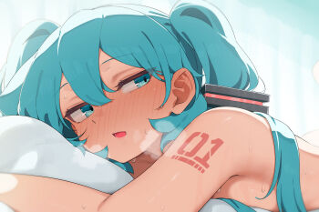 1girl abmayo absurdres blue_eyes blue_hair blush breasts commentary_request double-parted_bangs hair_between_eyes hair_ornament hatsune_miku highres hugging_object long_hair looking_at_viewer lying medium_breasts nose_blush nude number_tattoo on_stomach open_mouth pillow pillow_hug psd_available shoulder_tattoo solo tattoo twintails vocaloid