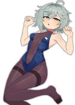 Rule 34 | 1girl, ahoge, alpha transparency, armpits, bare shoulders, blue one-piece swimsuit, blush, breasts, bright pupils, brown bodystocking, brown eyes, chopingme, commentary, cosplay, covered navel, g11 (girls' frontline), girls' frontline, girls' frontline 2: exilium, grey hair, hands up, looking at viewer, mechty (girls' frontline 2), medium breasts, one-piece swimsuit, open mouth, sharkry (girls' frontline 2), sharkry (girls' frontline 2) (cosplay), sharkry (swimsuit idol) (girls' frontline 2), short hair, solo, swimsuit, toes, transparent background, white pupils