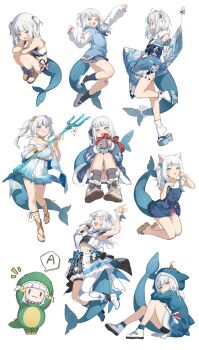 1girl :d :p animal_ears arm_support arms_on_knees blue_coat blue_dress blue_eyes blue_hair blue_ribbon blue_tail brown_shoes cat_ears coat commentary cup dress fins fish_tail footwear_ribbon full_body fur-trimmed_coat fur_trim gawr_gura gawr_gura_(1st_costume) gawr_gura_(casual) gawr_gura_(new_year) gawr_gura_(party_dress) gawr_gura_(school_uniform) gawr_gura_(winter_casual) grey_ribbon grey_socks hair_ornament hair_ribbon hands_up highres holding holding_cup hololive hololive_english hololive_idol_uniform_(origin) hololive_summer_2023_swimsuit kneeling long_sleeves looking_at_viewer midori_fufu midriff mug multicolored_hair multiple_views official_alternate_costume official_alternate_hairstyle open-toe_shoes open_mouth platform_sandals red_scarf ribbon sandals scarf shark_girl shark_tail sharp_teeth shoes short_dress short_sleeves simple_background sitting smile socks streaked_hair swimsuit tail teeth tongue tongue_out two_side_up upper_teeth_only virtual_youtuber white_background white_hair x_hair_ornament