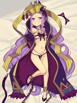 1girl arms_behind_back blush bound bow bow_bra bra breasts cad_(caddo) clenched_teeth collar crown cuffs facial_mark fate/grand_order fate_(series) forehead_mark highres long_hair long_sleeves looking_at_viewer lying navel on_back purple_eyes purple_hair ribbon ribbon_as_bra shackles shibari small_breasts solo string string_bra sweat teeth twintails underwear very_long_hair wu_zetian_(fate) wu_zetian_(third_ascension)_(fate)