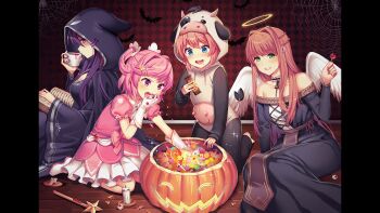 3girls angel animal_costume animal_print arm_support barefoot bat_(animal) black_cape black_dress blue_eyes blush book bow bowtie braid breasts brown_hair candle candy candy_bar candy_corn cape cat_print checkered_wall cleavage collarbone commentary cow_costume cow_hood cup dark doki_doki_literature_club doki_doki_literature_club dot_nose double-parted_bangs dress drooling earrings eating english_commentary eyeball eyebrows_hidden_by_hair fake_halo fake_wings feathered_wings fingernails food from_side full_body furrowed_brow game_cg gloves glutton green_eyes grin hair_between_eyes hair_intakes hair_ornament half_up_braid halloween halo highres holding holding_book holding_candy holding_food holding_lollipop hood hooded_dress hoodie indoors jack-o'-lantern jewelry kneeling large_breasts lollipop long_dress long_eyelashes long_hair long_sidelocks long_sleeves looking_at_viewer looking_to_the_side magical_girl medium_breasts monika_(doki_doki_literature_club) mouth_drool multiple_girls natsuki_(doki_doki_literature_club) non-web_source off-shoulder_dress off_shoulder official_art on_floor onesie open_book parted_bangs pelvic_curtain pink_bow pink_eyes pink_hair pleated_skirt profile promotional_art puffy_short_sleeves puffy_sleeves purple_hair purple_nails raised_eyebrows red_wings sash satchely sayori_(doki_doki_literature_club) shaded_face short_hair short_sleeves shy sidelocks silk sitting skirt sleeves_past_wrists small_breasts smile spider_web star_(symbol) star_hair_ornament star_wand straight-on strapless strapless_dress swept_bangs teacup teeth thick_eyelashes two_side_up udder upper_teeth_only v-shaped_eyebrows very_long_hair waist_bow waist_sash wand white_bow white_bowtie white_gloves wide-eyed wide_sleeves wings witch wooden_floor yokozuwari yuri_(doki_doki_literature_club)