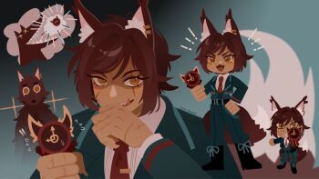 1girl 1other animal_crossing animal_ears belt big_and_will_be_bad_wolf black_boots black_jacket black_pants black_vest boots brown_eyes brown_hair clock coat collared_shirt commentary dante_(limbus_company) dark-skinned_female dark_skin earrings fox_ears fox_tail jacket jewelry limbus_company mini_person multiple_earrings necktie nintendo object_head outis_(project_moon) pants project_moon projecttiger red_coat red_necktie red_shirt scar scar_on_face scar_on_hand sheep shirt speech_bubble symbol-only_commentary tail thought_bubble vest white_shirt