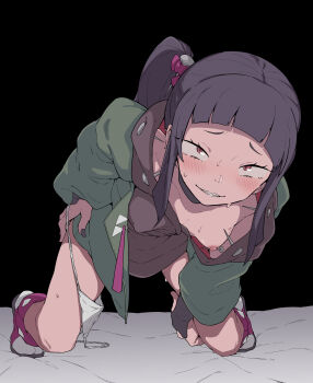 1girl absurdres black_background blush breasts choker commentary_request dress ear_piercing eyelashes highres leaning_forward nail_(hardware) nail_hair_ornament nail_polish nipple_piercing nipples no_bra on_bed one_breast_out original panties panties_around_leg piercing purple_eyes purple_hair pussy_juice sharp_teeth side-tie_panties side_ponytail small_breasts solo spiked_ear_piercing sweat teeth tsurime underwear zettai_yarumoni