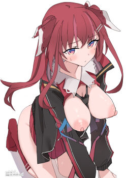 1girl amagase_muyu amagase_muyu_(1st_costume) between_breasts black_jacket black_necktie breasts breasts_out clothes_between_breasts commentary_request hair_ornament hairclip highres hlsn_dglaq3g jacket kneeling large_breasts long_hair long_sleeves looking_at_viewer necktie necktie_between_breasts nijisanji nipples open_clothes open_jacket purple_eyes red_hair red_skirt red_socks ribbon shirt simple_background skirt socks twintails virtual_youtuber white_background