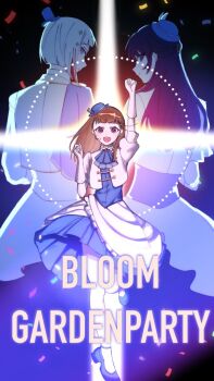 3girls :d arm_up ascot blue_ascot blue_eyes blue_hair blue_hat blue_shoes blue_skirt braid brown_hair center-flap_bangs clenched_hands commentary dollchestra english_commentary half_updo hashtag-only_commentary hat jacket kachimachi_kosuzu link!_like!_love_live! long_hair looking_at_viewer love_live! love_live!_hasu_no_sora_jogakuin_school_idol_club_bloom_garden_party mini_hat mini_top_hat multicolored_hair multiple_girls murano_sayaka open_clothes open_jacket open_mouth pantyhose pink_eyes puffy_short_sleeves puffy_sleeves rai_(kn51ll) raised_fist red_streaks shoes short-sleeved_jacket short_sleeves side_braids skirt smile streaked_hair teeth top_hat upper_teeth_only white_hair white_jacket white_pantyhose yugiri_tsuzuri