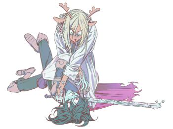 1girl 1other animal_ears blonde_hair blue_eyes blue_hair cryokinesis deer_ears deer_girl deltarune furry furry_female holding holding_sword holding_weapon honmshi kris_(dark_world)_(deltarune) kris_(deltarune) noelle_holiday noelle_holiday_(dark_world) red_eyes smile struggling sword tagme utdr_(toby_fox) weapon weird_route_(deltarune)