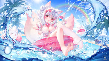 1girl :d animal_ear_fluff animal_ears barefoot blue_sky bow breasts cleavage cloud commission day detached_sleeves fang feet fox_ears fox_girl fox_tail hair_bow hair_bun hair_ornament highres holding iiti_(vtuber) indie_virtual_youtuber innertube large_breasts legs looking_at_viewer multicolored_hair multiple_tails no_shoes one-piece_swimsuit open_mouth outdoors pink_hair puffy_sleeves rainbow red_eyes single_thighhigh sky smile soles solo streaked_hair suaynnai_wanzi swim_ring swimsuit tail thighhighs toes virtual_youtuber water water_gun white_hair white_sleeves white_thighhighs x_hair_ornament