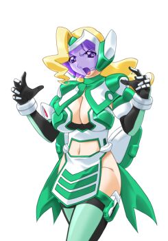 Rule 34 | 1girl, armor, blonde hair, breasts, cleavage, clothing cutout, elbow gloves, face shield, game cg, gan-chan (artist), gloves, green thighhighs, helmet, hitozuma sentai aisaiger, large breasts, large variant set, lipstick, long hair, magical girl, makeup, mecha musume, navel, navel cutout, no panties, non-web source, official art, open mouth, pelvic curtain, purple eyes, saiger lily, solo, sophie andrea yukitou, thighhighs, transparent background, variant set