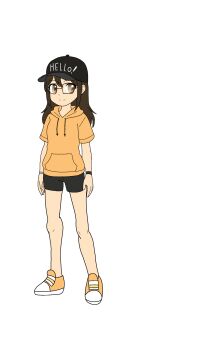 Rule 34 | 1girl, arms at sides, baseball cap, bike shorts, black-framed eyewear, black shorts, breasts, brown eyes, brown hair, character request, eyelashes, f20000, female focus, full body, glasses, hair between eyes, hat, highres, hood, hoodie, knees, legs, long hair, looking at viewer, matching hair/eyes, neck, orange hoodie, original, print headwear, shoes, short shorts, short sleeves, shorts, sidelocks, simple background, small breasts, smile, sneakers, standing, thighs, wavy hair, white background, wristband