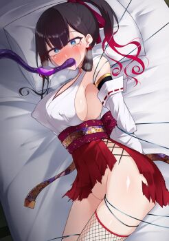 black_hair blue_eyes blush bound bound_wrists breasts cleavage covered_erect_nipples defeat detached_sleeves fishnets hakama_short_skirt hakama_skirt heavy_breathing kurasaki_aya mole mole_under_eye no_panties nontraditional_miko obi on_bed oral original ponytail pussy restrained sash sideboob skirt tearing_up tentacles torn_clothes torn_skirt wire