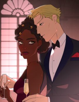 1boy 1girl alternate_costume arcane:_league_of_legends bare_shoulders black_jacket black_suit blonde_hair blue_eyes blurry blurry_background bow bowtie brown_hair cheekbones collared_jacket collared_shirt commentary couple crossover cup dark-skinned_female dark_skin dress drinking_glass earrings english_commentary formal_clothes from_side green_eyes hair_ornament hair_up hetero highres holding holding_cup indoors interracial jacket jewelry jujutsu_kaisen league_of_legends leaning_back leaning_forward leaning_on_person long_sleeves looking_at_another looking_down looking_to_the_side mel_(league_of_legends) nanami_kento necklace parted_lips plasticbottru red_dress red_lips shirt sleeveless sleeveless_dress suit suit_jacket thick_lips traditional_bowtie tuxedo upper_body very_dark_skin white_shirt