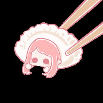 >_< animated animated_gif black_eyes blinking blush_stickers chinese_commentary chopsticks commentary_request dumpling food foodification jiaozi long_hair looping_animation nikki_(nikki) nikki_(series) no_mouth pink_hair shining_nikki solid_circle_eyes transparent_background xiaoyu_qixing