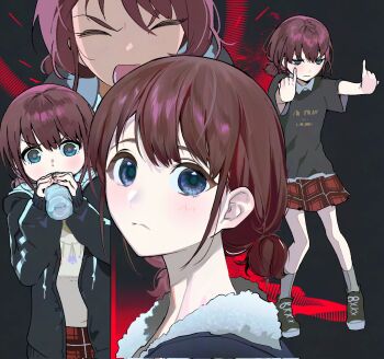 1girl black_jacket blue_eyes bottle brown_hair closed_eyes closed_mouth commentary corrupted_twitter_file girls_band_cry highres holding holding_bottle iseri_nina jacket low_twintails multiple_views o89880 open_mouth pinky_out red_skirt short_hair short_twintails skirt twintails