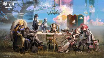 2boys 4girls ahoge animal_ears archetto_(arknights) archetto_(glory_of_the_devout)_(arknights) arknights bird blonde_hair cantabile_(arknights) cantabile_(bard_by_the_lake)_(arknights) chair fiammetta_(arknights) fiammetta_(judgment_day)_(arknights) food fruit grey_hair hands_up harp hat headgear highres instrument mizuki_(a_player_forever)_(arknights) mizuki_(arknights) mlynar_(arknights) mlynar_(roar_against_the_wild)_(arknights) multiple_boys multiple_girls nun official_art on_chair orange_eyes red_eyes red_hair screen sitting table tail umbrella w_(arknights) white_bird wings wis'adel_(arknights) wis'adel_(supernova)_(arknights)